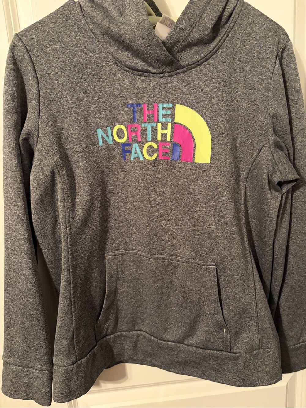 The North Face Heather Gray Hoodie with Neon Multicolor Logo